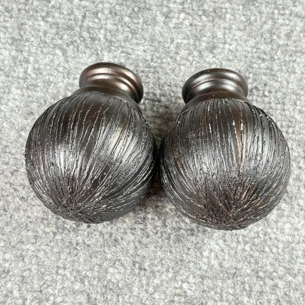 90s Ball-Shaped Curtain Rod Finials Pair of 2 Black‎ Bronze Striated Texture VTG